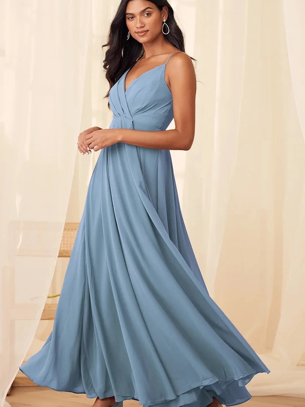 slate blue maxi dress La Femme Long Mermaid Prom 32192 Slate Blue / 00 Lightweight woven chiffon shapes a pleated Ontre Women's Chic Slate Blue